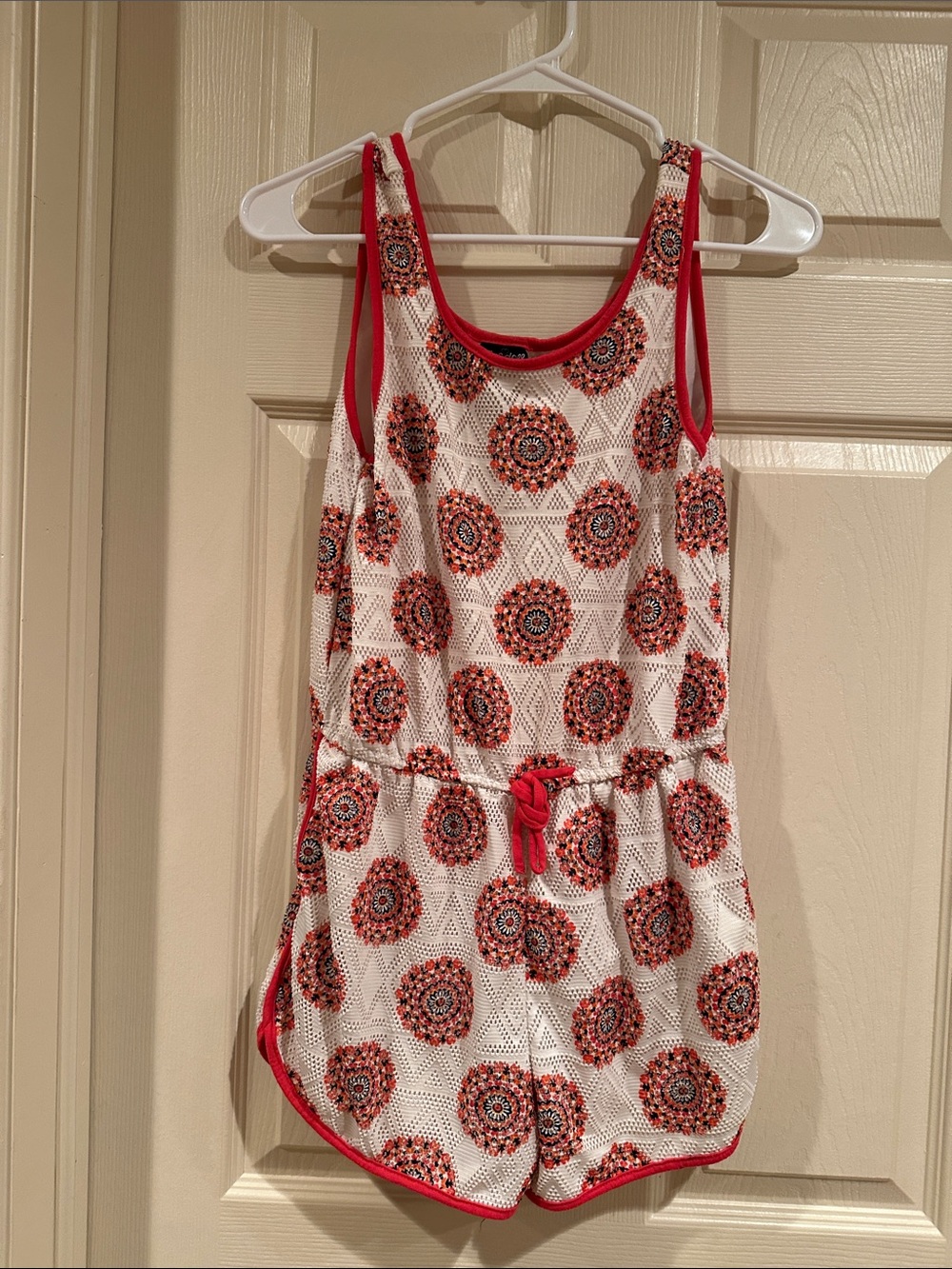 paper doll White Romper with Red and Navy Medallion Print